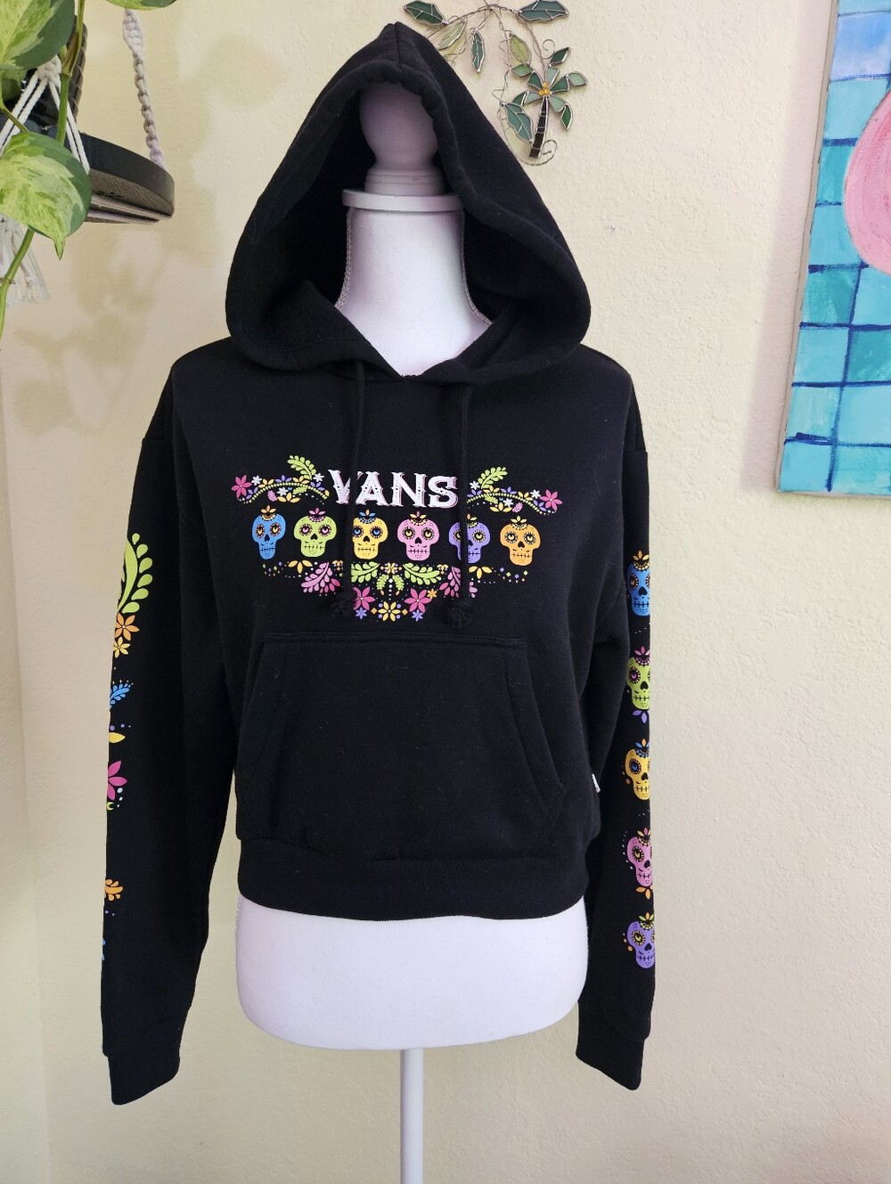 Vans Black Hoodie with Colorful Sugar Skull Floral Print Sz XS